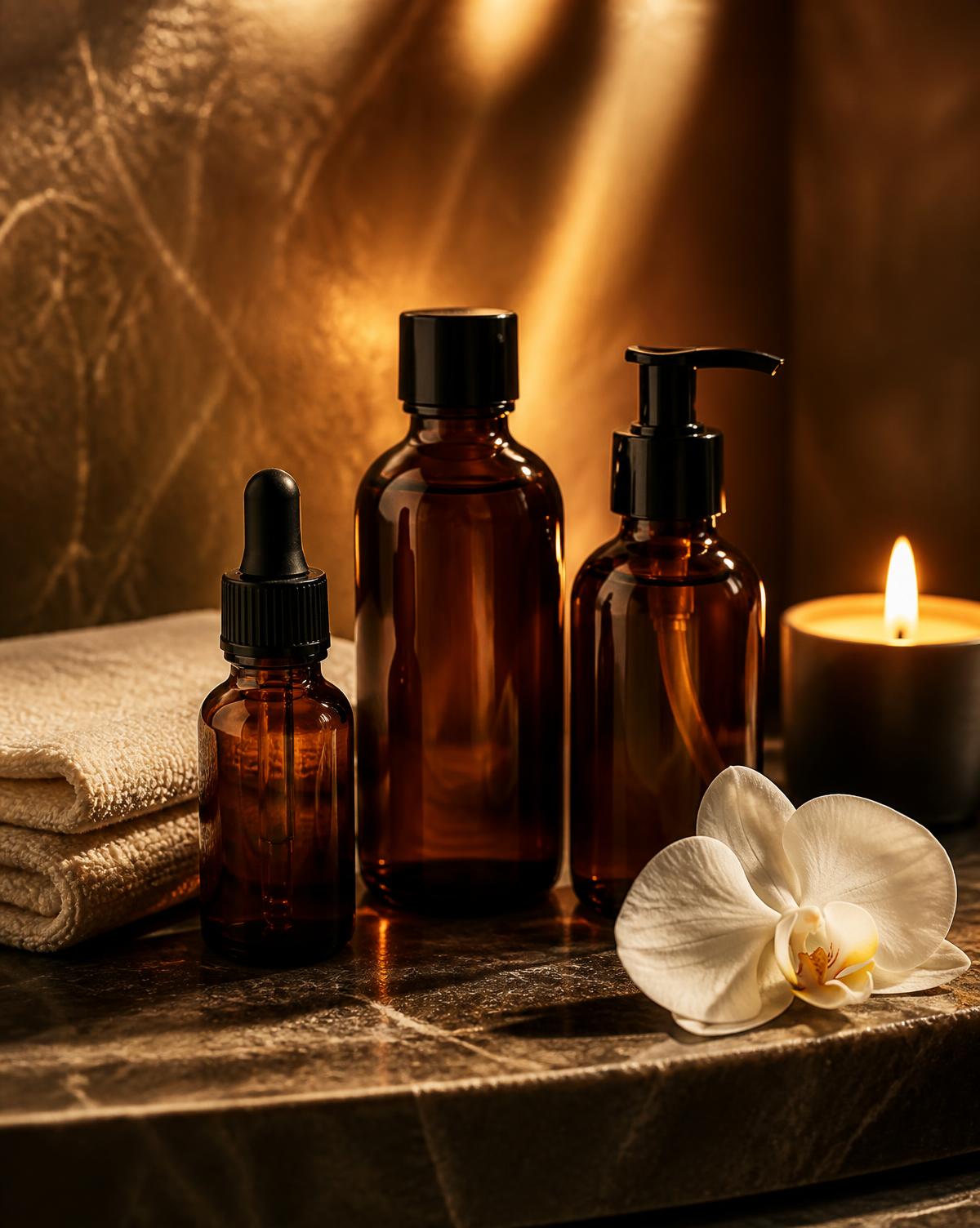 Amber apothecary bottles, linen and candlelight set out for a treatment ritual